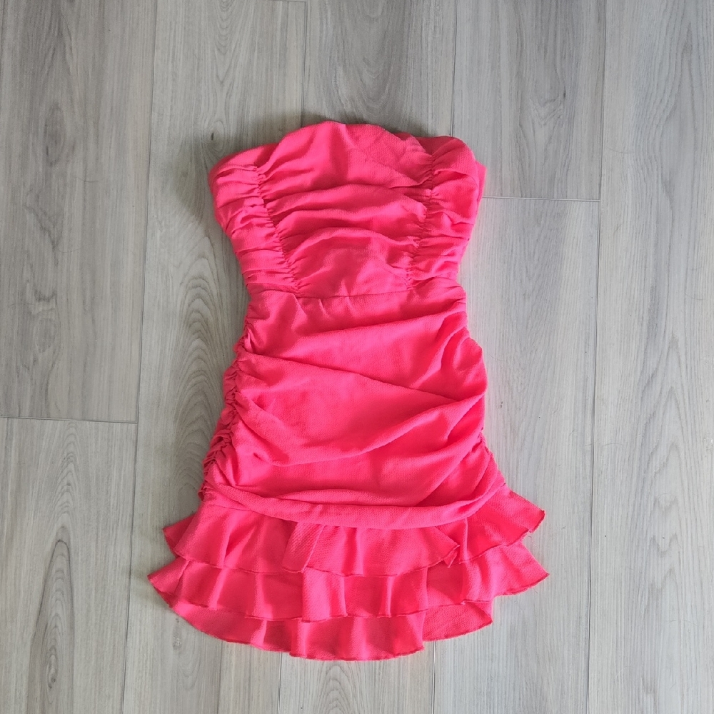 Lucy in the Sky Coral Strapless Ruched Ruffle Mini Dress